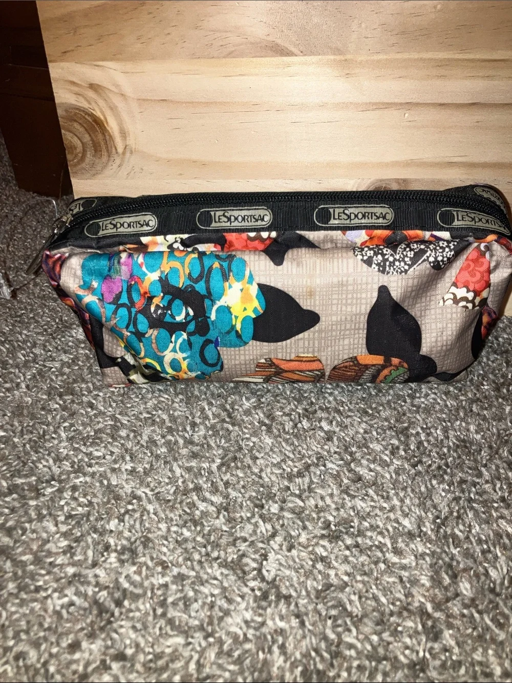 Lesportsac Beige Floral Zip Pouch with Teal & Orange Accents